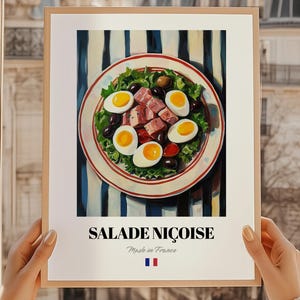 Salade Nice, Francuska sztuka ścienna z jedzeniem, Bar z napojami i przekąskami, Karty przepisów, Projekt menu, Plakat do jadalni