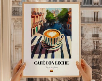 Café Con Leche Print, Balcony Street View, Coffee Bar Art