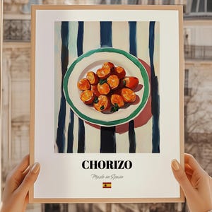Chorizo, Impresión de comida española, Tarjetas de recetas, Bar de aperitivos, Ideas para un chef, Arte mural para el comedor