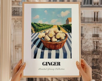 May include: A framed print featuring a still life of ginger in a woven basket on a striped tablecloth. The background shows a vineyard under a blue sky. The word "GINGER" is displayed in bold black text, with "Essential Grocery Collection" below.