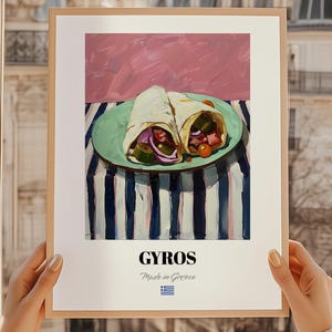 Gyros, arte mural de comida griega, diseño de restaurante, pintura al óleo grande, impresión de menú, póster para comedor