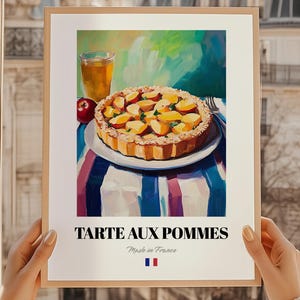 Tarta de manzana, póster de postre francés, pintura al óleo grande, buen provecho, menú de cumpleaños, póster para el comedor
