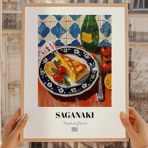 Saganaki, póster de queso griego, cocina griega, menú griego, póster de comedor