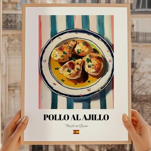 Pollo al Ajillo, plakat z hiszpańskim jedzeniem, spersonalizowane menu, wydruk do jadalni, zabawna sztuka restauracyjna, sztuka ścienna do jadalni
