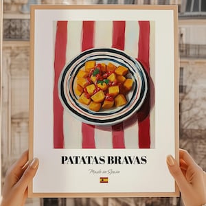Patatas Bravas, hiszpański plakat kulinarny, Patatas Bravas art, menu weselne w formie bufetu, hiszpańska sztuka kuchenna, plakat kuchenny
