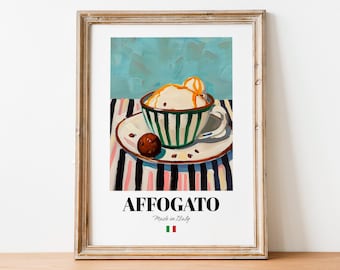 Póster con diseño de affogato italiano: Obra de arte de postre de espresso para cafeterías y hogares.