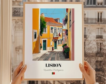 Lisbon Portugal Art Print, Colorful Street Scene, Giclée Reproduction