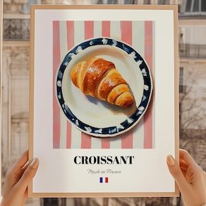 Póster de croissant, pastelería francesa, menú dibujado a mano, arte de cafetería francesa, impresión artística de chef, póster de comedor