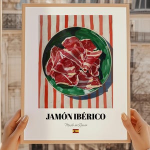 Jamón Ibérico, Pintura de comida española, Póster de jamón ibérico, Plantilla de menú de cafetería, Portada de menú de cafetería, Póster de comedor