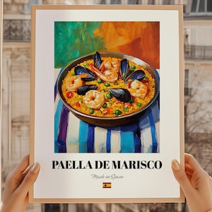 Paella de Marisco, peinture de cuisine espagnole, couverture de menu de café, modèle de menu de café, art culinaire espagnol, affiche de cuisine
