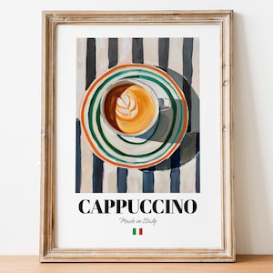 Poster con stampa retrò di cappuccino disegnato a mano: stravagante arte murale per cucine creative