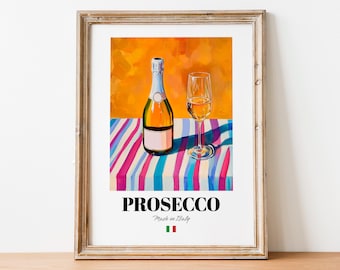 Op de afbeelding: Een schilderij van een fles prosecco en een glas prosecco op een kleurrijk gestreept tafelkleed. De tekst "PROSECCO Made in Italy" staat onder de afbeelding.