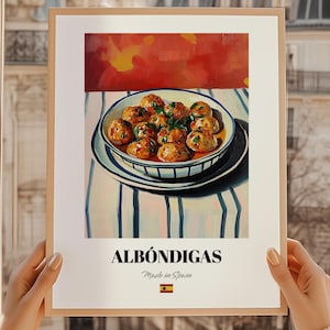 Albóndigas, Spaans eten muurkunst, receptenkaarten, poster Albondigas, happy hour-menu, keukenmuurkunst, keukenmuurkunst