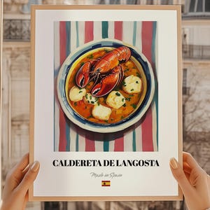 Caldereta de Langosta, Arte mural de comida española, Arte mural para el comedor, Ideas para un chef, Portada de menú personalizada, Póster de cocina