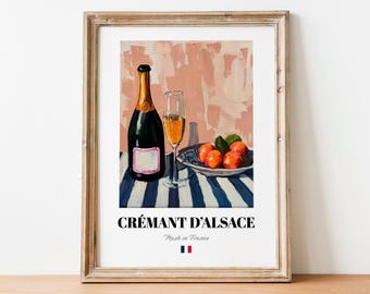 Vintage Crémant d&#39;Alsace Art Print Poster: Aesthetic French Sparkling Wine Artwork for Kitchens