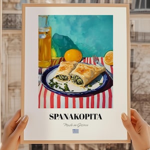 Spanakopita, pintura de pastel griego, arte de cocina griega, plantilla de libro de cocina, menú de catering, arte mural para comedor