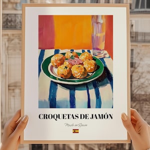 Croquetas de Jamón, spanische Lebensmittelmalerei, Happy Hour-Menü, Restaurant Ware, benutzerdefinierte Menühülle, Esszimmerplakat