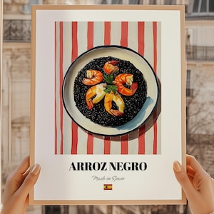 Arroz Negro, Impresión de comida española, Arte gastronómico español, Brunch del Día de la Madre, Pintura de Arroz Negro, Arte mural de cocina