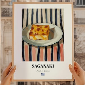 Saganaki, pintura de queso griego, despensa de bricolaje, menú dibujado a mano, cartel de Saganaki, arte de la pared de la cocina