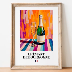 Affiche vintage Crémant de Bourgogne imprimée : oeuvre d'art bohème sur le vin mousseux français pour la cuisine
