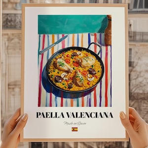Paella valencienne, art mural cuisine espagnole, menu dessiné à la main, impression de paella, ensemble de bistrot en plein air, affiche de cuisine