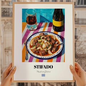 Stifado, affiche de cuisine grecque, fête grecque, affiche de stifado, peinture de stifado, affiche de cuisine