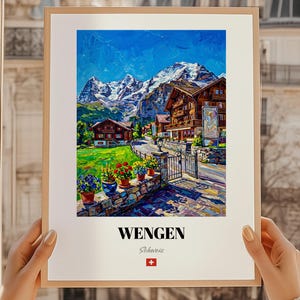 Peut inclure: Une impression encadrée d'une peinture colorée représentant un village suisse niché dans les montagnes. L'œuvre présente un ciel bleu vif, des sommets enneigés et des bâtiments en bois traditionnels. Le mot "Wengen" est affiché en bas.