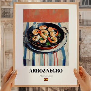 Arroz Negro, póster de comida española, menú moderno de cafetería, receta manuscrita, póster de arroz negro, póster de comedor