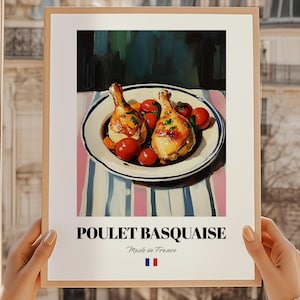 Pollo Vasco, Pintura de comida francesa, Lámina de chef, Pegatina de comida para boda, Arte de comida francesa, Lámina de cocina