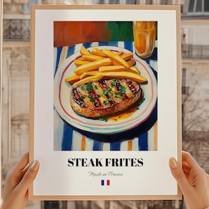 Steak frites, Affiche de cuisine française, Recettes de boeuf, Affiche de steak frites, Impression de salle à manger, Affiche de cuisine