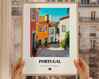Portugal Street Scene Art Print, Colorful Portuguese Wall Decor