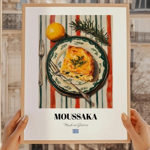 Moussaka, póster de comida griega, diseño de restaurante, pintura de Moussaka, menú de restaurante, póster de comedor