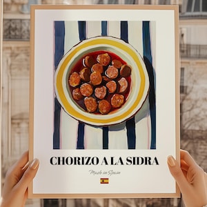 Chorizo a la Sidra, Spaans eten schilderij, kunst aan de muur keuken, chef-kok Art Print, eigenzinnige keuken keuken, keuken kunst aan de muur, keuken kunst aan de muur