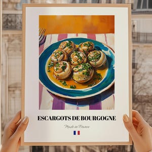 Escargots de Bourgogne, póster de comida francesa, portada de menú de cafetería, decoración de pared de cocina, impresión de escargots, póster de cocina