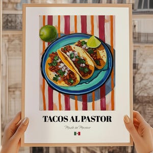 Tacos al pastor, impresión de comida mexicana, menú de restaurante, ideas para un chef, pintura al óleo grande, póster para el comedor