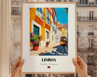 Impresión artística de Lisboa, Portugal, Tranvía amarillo, Reproducción de pintura al óleo
