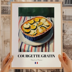 Gratinado de calabacín, arte mural de comida francesa, regalo de primer aniversario, menú de cena, pintura al óleo, póster de cocina