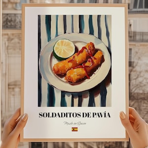 Soldaditos de Pavía, druk hiszpańskiej żywności, szablon menu kawiarni, niestandardowa okładka menu, Soldaditos Pavia, sztuka ścienna kuchenna