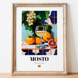 May include: A painting of a glass of white wine with a bunch of green grapes and oranges on a blue and white tiled surface. The text "Mosto Made in Spain" is at the bottom of the painting.