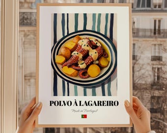 May include: A framed print featuring a colorful illustration of Polvo à Lagareiro, a Portuguese octopus dish, served with potatoes. The dish is presented on a blue and white striped plate, set against a striped background. The text "POLVO À LAGAREIRO" is displayed at the bottom.