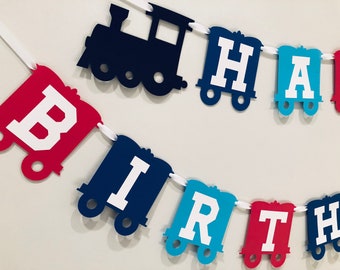 happy birthday train banner garland blue red navy personalized