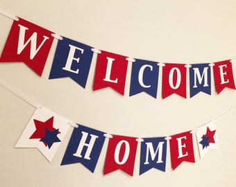military welcome home banner custom name white red blue usa