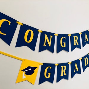 Banner de felicitaciones de graduación, azul marino, amarillo, nombre personalizado, graduación