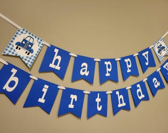 Blue Truck Birthday Banner – Handmade Happy Birthday Garland for Boys or Girls | Farm Truck Party Decor | Blue Gingham First Birthday Sign