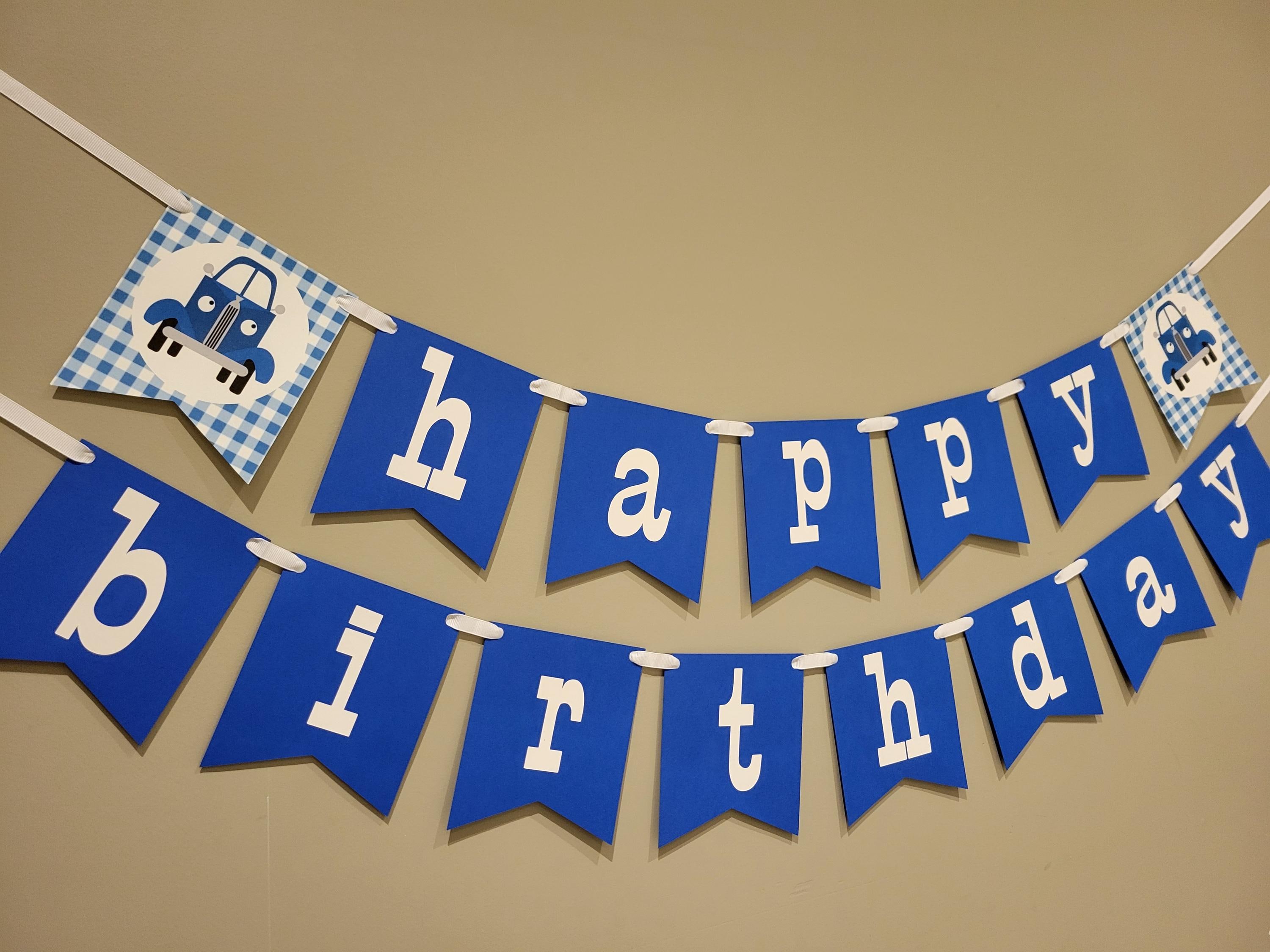Banner de cumpleaños de camión azul: guirnalda de feliz cumpleaños hecha a mano para niños o niñas / Decoración para fiesta de camión de granja / Letrero de primer cumpleaños de cuadros azules