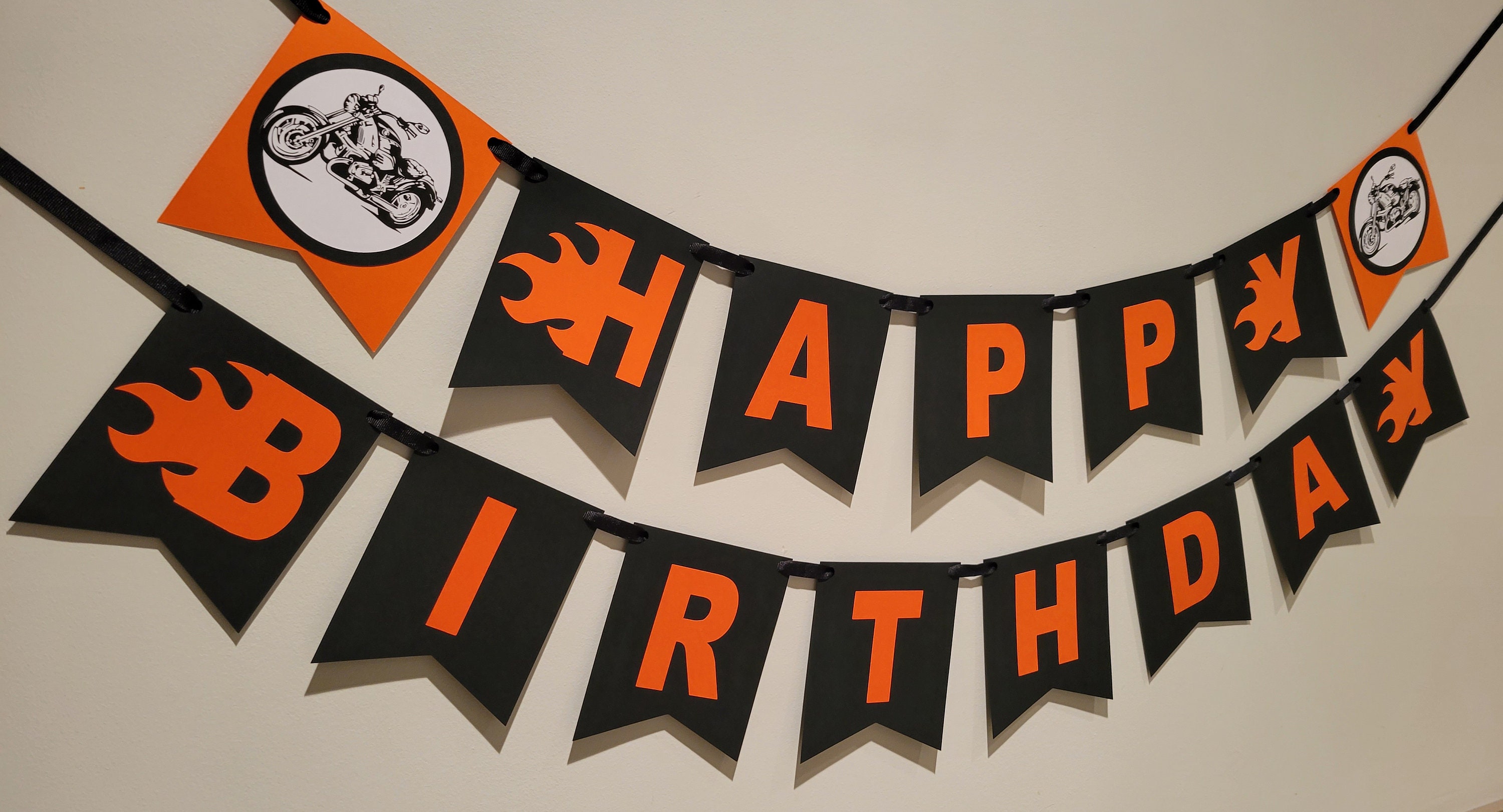 motorcycle happy birthday banner orange black custom name flames