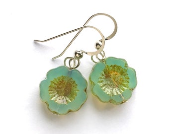 Mini Poppy earrings, mint with sterling silver ear wires, 5 petal flower