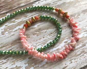 Pink coral necklace with jade green crystal beads