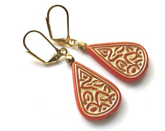 Orange and Gold Moroccan inspired teardrop earrings