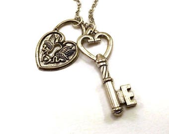 Heart lock and key necklace